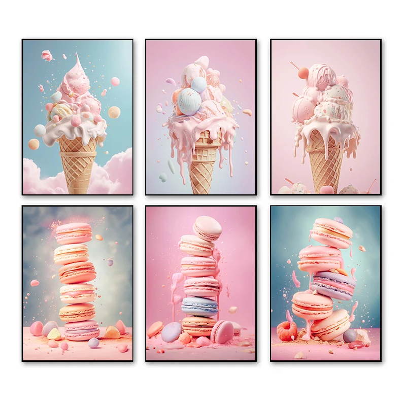 Photography Of Food - Ungerahmte Rosa Lebensmittel-Eiscreme-Macaron-Poster und -Drucke Leinwanddruck
